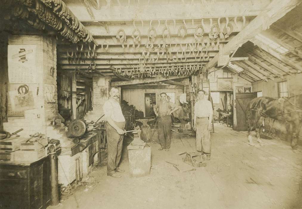 Portraits - Group, La Porte City, IA, history of Iowa, Iowa History, Businesses and Factories, Rampton, Angela, blacksmith, Iowa, Labor and Occupations, horse, horseshoe