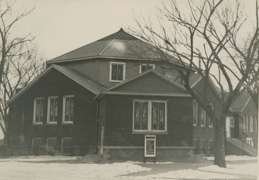 Stater, Connie, Religious Structures, stained glass, history of Iowa, snow, church, Centerville, IA, window, Iowa, Iowa History, Winter