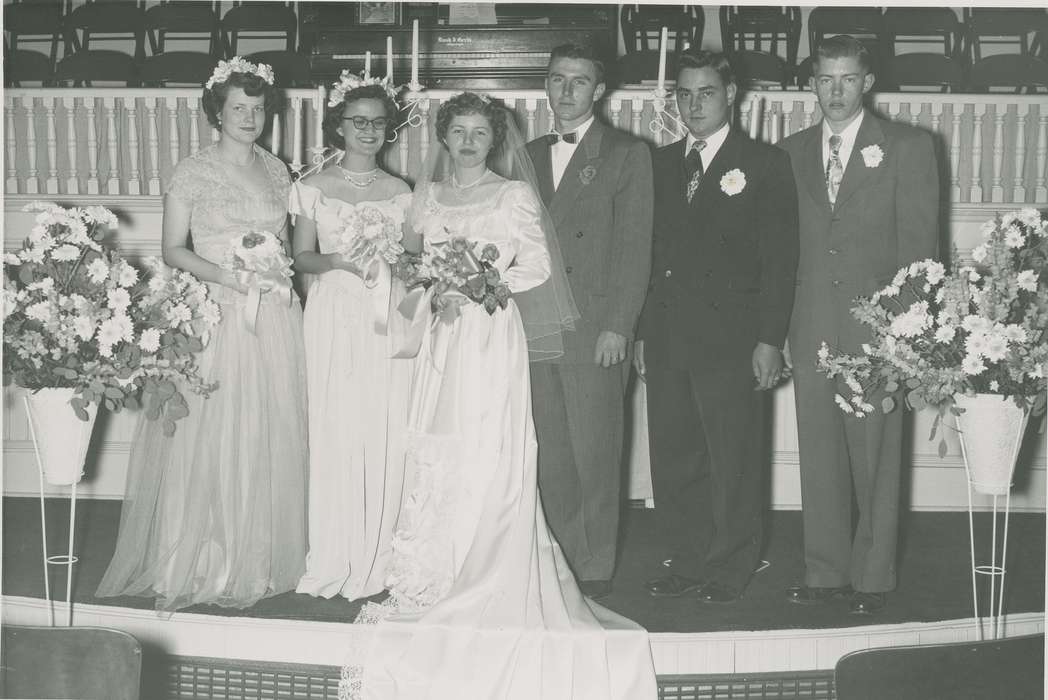 corsage, wedding dress, church, Iowa History, Logan, IA, flowers, boutonniere, bouquet, bowtie, wedding, Iowa, history of Iowa, Portraits - Group, Weddings, suits, Families, Henderson, Dan