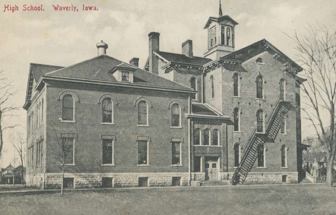 fire escape, history of Iowa, Iowa History, Meyer, Sarah, high school, brick building, lawn, Waverly, IA, Iowa, Cities and Towns, Schools and Education