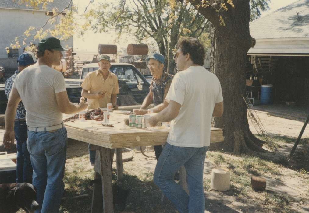 Portraits - Group, men, Waverly Public Library, history of Iowa, Iowa History, sandwich, eating, Waverly, IA, Iowa, baseball cap, Food and Meals, beer