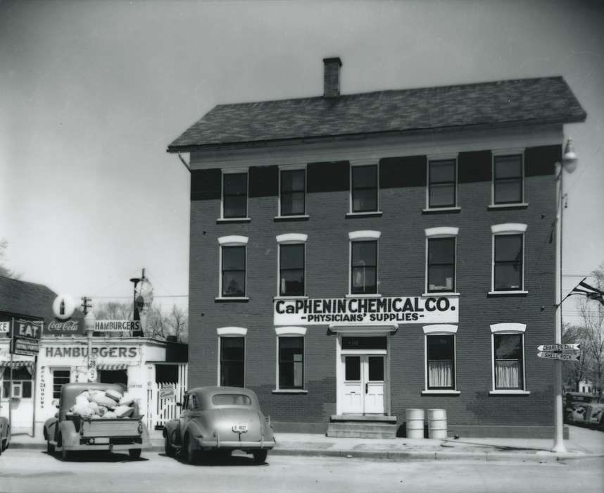 history of Iowa, street corner, Businesses and Factories, Waverly, IA, Waverly Public Library, Main Streets & Town Squares, mainstreet, Iowa, restaurant, brick building, Iowa History, Cities and Towns