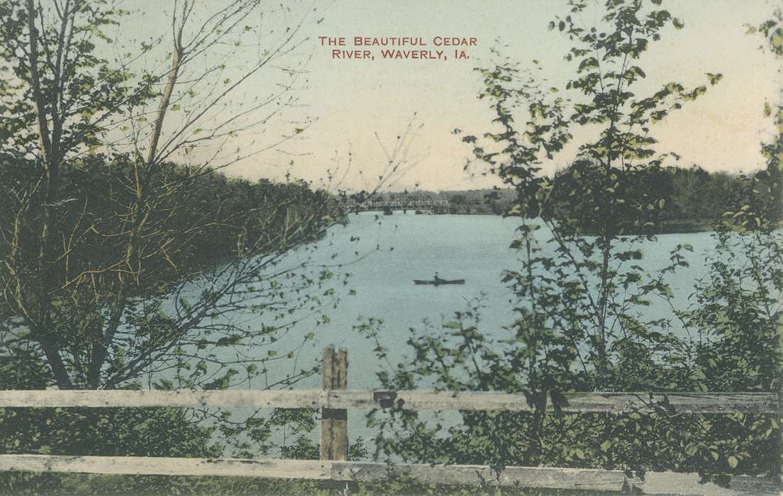 canoe, landscape, history of Iowa, Iowa History, trees, Waverly, IA, cedar river, postcard, woods, Landscapes, Iowa, Waverly Public Library