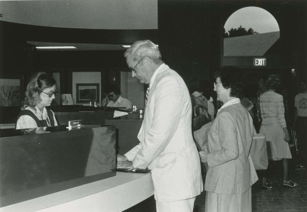 men, history of Iowa, women, bank teller, Iowa History, Civic Engagement, lobby, Iowa, Waverly Public Library, bank