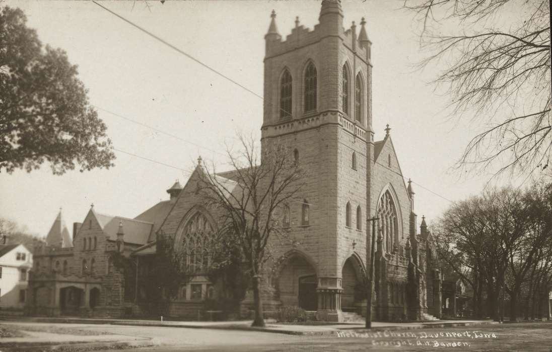 Library of Congress, history of Iowa, Religious Structures, Iowa, bell tower, trees, Religion, gothic, Iowa History, corner, Cities and Towns, architecture