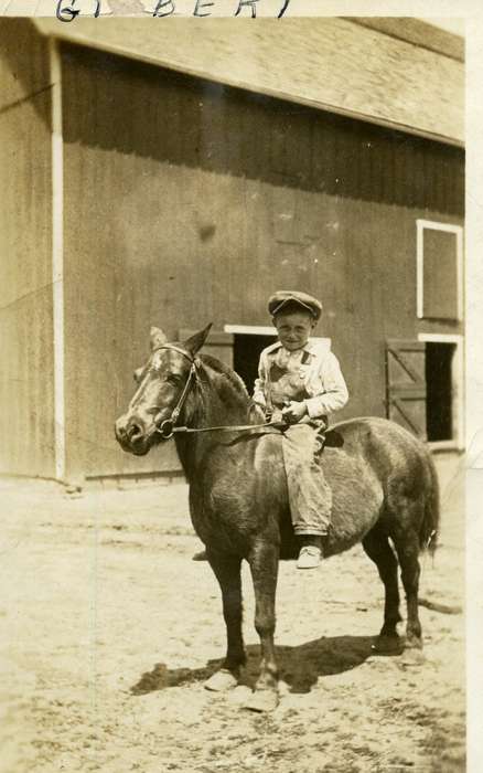 Langel, Craig, history of Iowa, Iowa History, barn, Le Mars, IA, Animals, child, overalls, Iowa, boy, Farms, horse, Children