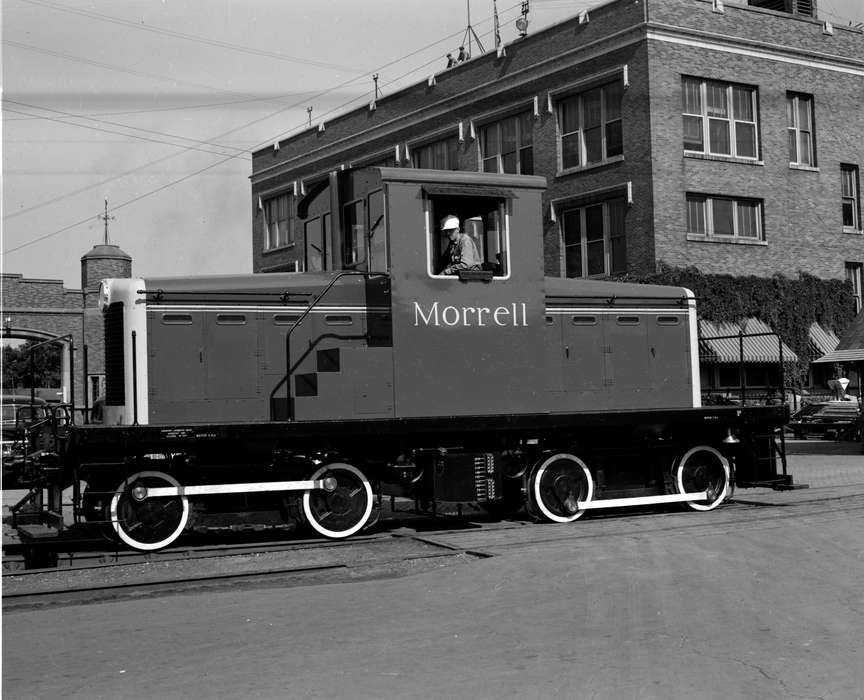history of Iowa, Portraits - Individual, meat packing plant, Ottumwa, IA, Iowa History, Lemberger, LeAnn, Businesses and Factories, building, Iowa, Cities and Towns, train, Train Stations, hat, Labor and Occupations