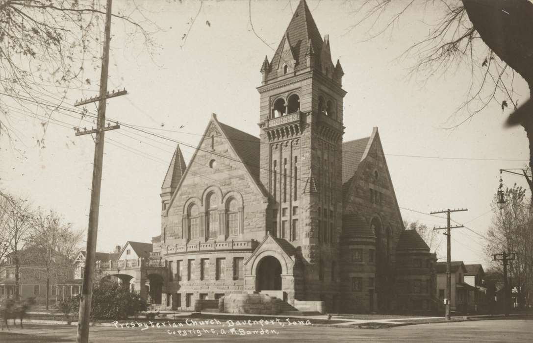 corner, history of Iowa, Religious Structures, Iowa History, Library of Congress, bell tower, architecture, Iowa, Cities and Towns, power line, Religion