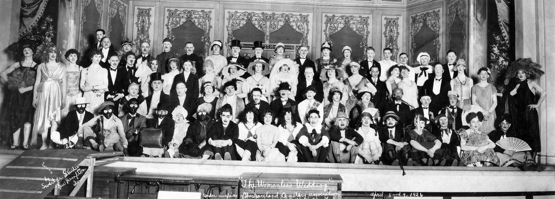 stereotype of african american, top hat, Leisure, cross dressing, Entertainment, drag, play, Civic Engagement, theater, history of Iowa, drama, Iowa History, Portraits - Group, stereotype, blackface, IA, Iowa, lipstick, Palczewski, Catherine, cast, minstrel