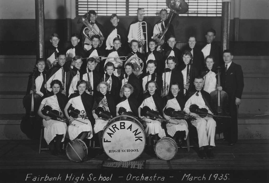 Portraits - Group, violin, history of Iowa, Iowa History, IA, orchestra, dress clothes, bass drum, Iowa, tuba, King, Tom and Kay, Schools and Education