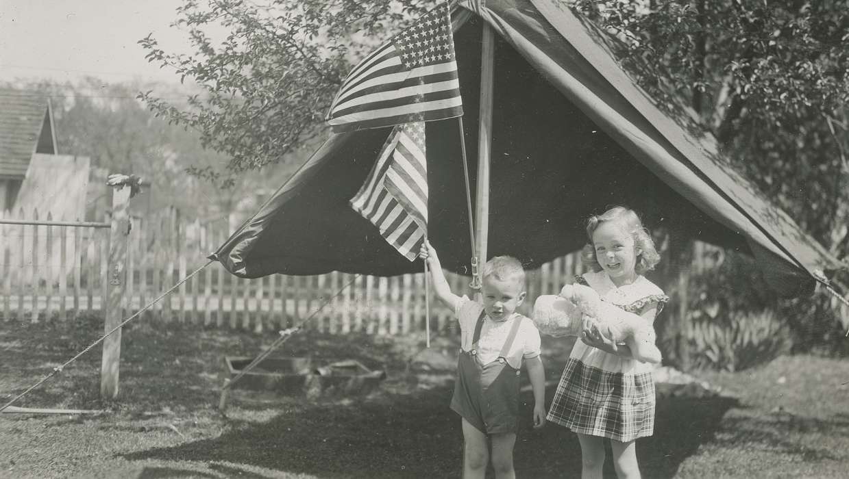 Portraits - Group, birthday, Iowa History, tent, Iowa, play, McMurray, Doug, flag, history of Iowa, Webster City, IA, Children, Holidays