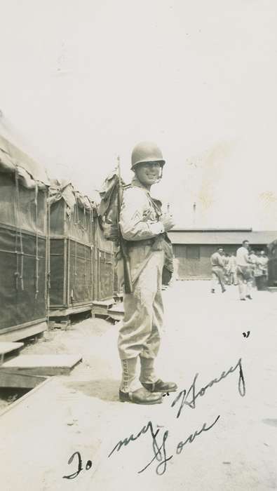 uniform, Travel, world war ii, Iowa, Monroe, NC, Military and Veterans, Portraits - Individual, Campopiano Von Klimo, Melinda, gun, wwii, rifle, history of Iowa, helmet, Iowa History