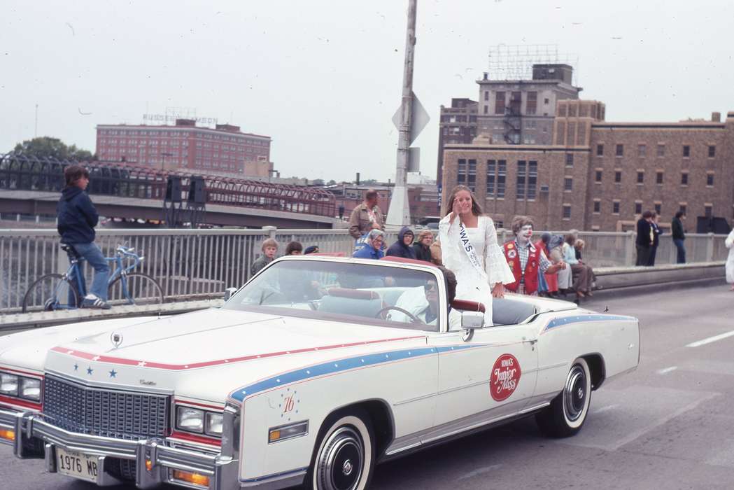 Main Streets & Town Squares, cadillac eldorado, bridge, history of Iowa, Iowa History, parade, celebration, convertible, cadillac, bicentennial, clown, Iowa, Zischke, Ward, Waterloo, IA, bike, junior miss