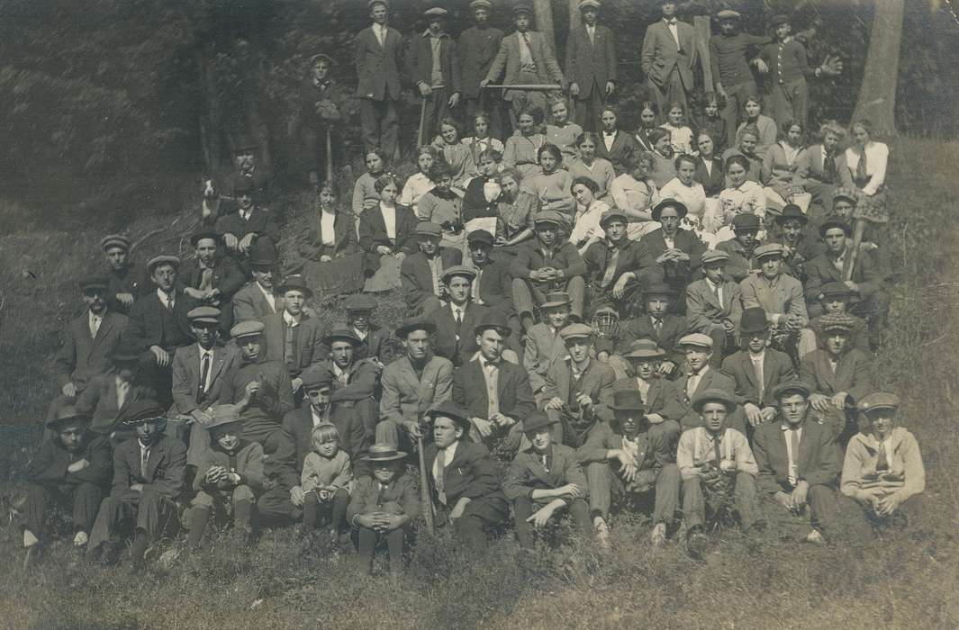 Portraits - Group, newsboy cap, history of Iowa, Iowa History, Meyer, Sarah, Waverly, IA, portrait, baseball bat, hats, baseball gloves, Iowa, students, Outdoor Recreation, Schools and Education, Children, dresses