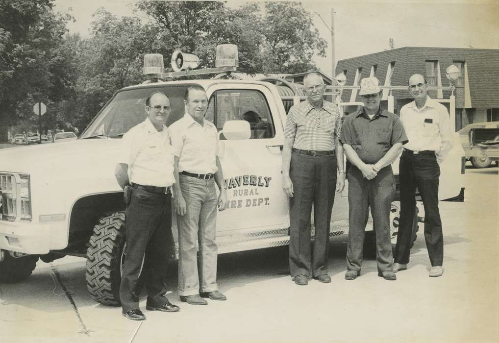 Portraits - Group, fire department, history of Iowa, Iowa History, truck, smile, Motorized Vehicles, Waverly, IA, shirts, glasses, Iowa, Waverly Public Library