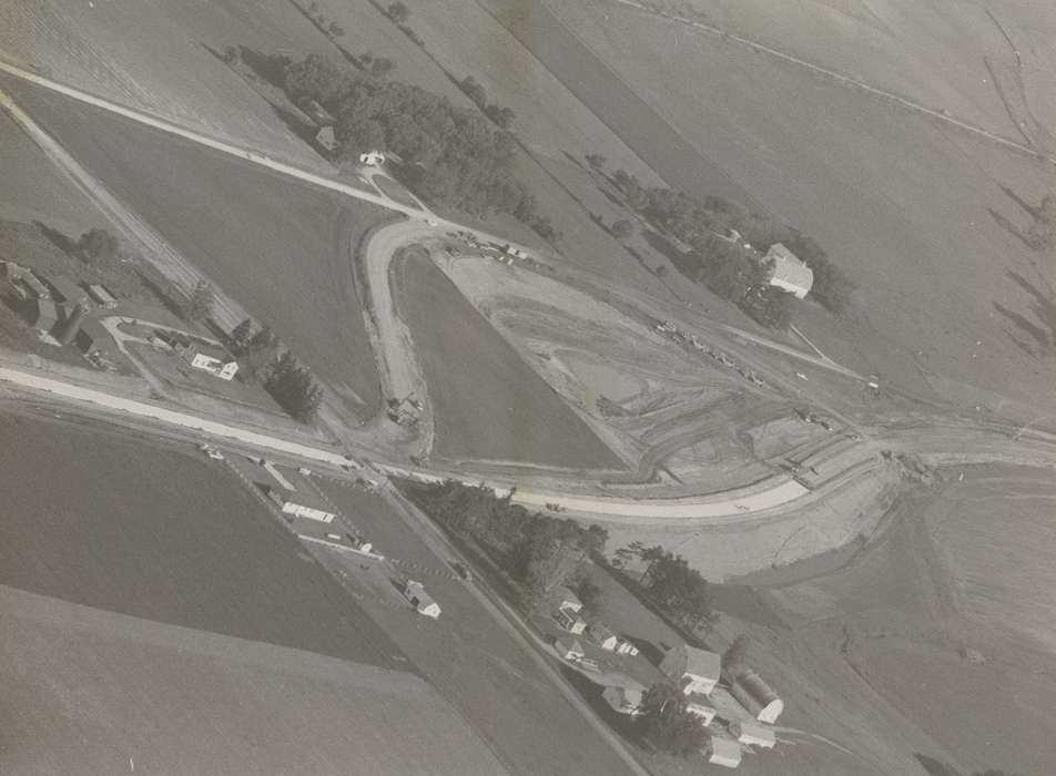 history of Iowa, Iowa History, road, field, building, Aerial Shots, Iowa, tree, Bremer County, IA, correct date needed, Waverly Public Library