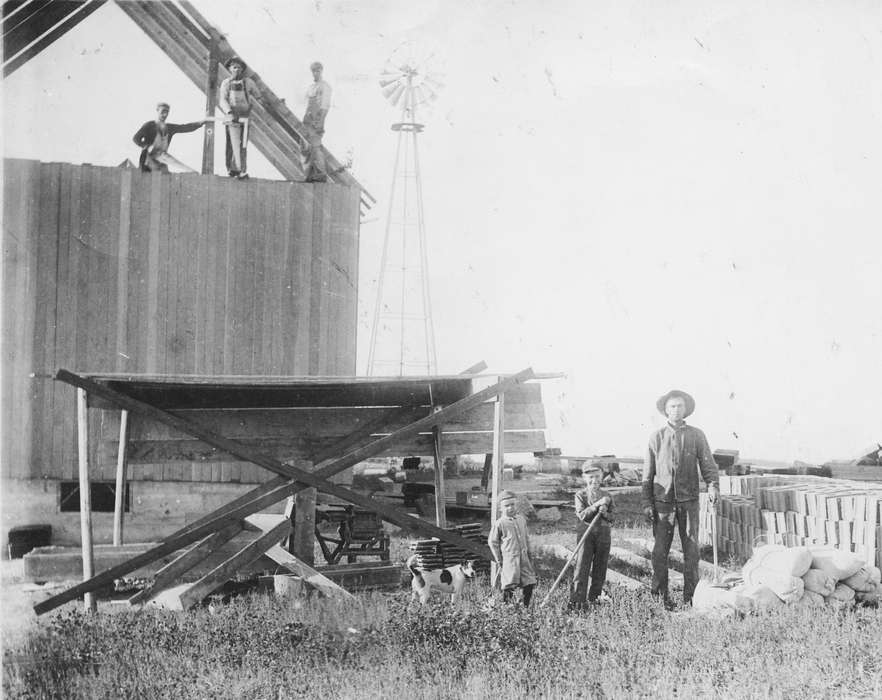 Portraits - Group, history of Iowa, Iowa History, construction, Families, Barns, Animals, windmill, Buffalo Center, IA, Brown, Clarice, Iowa, Farms, Children, dog