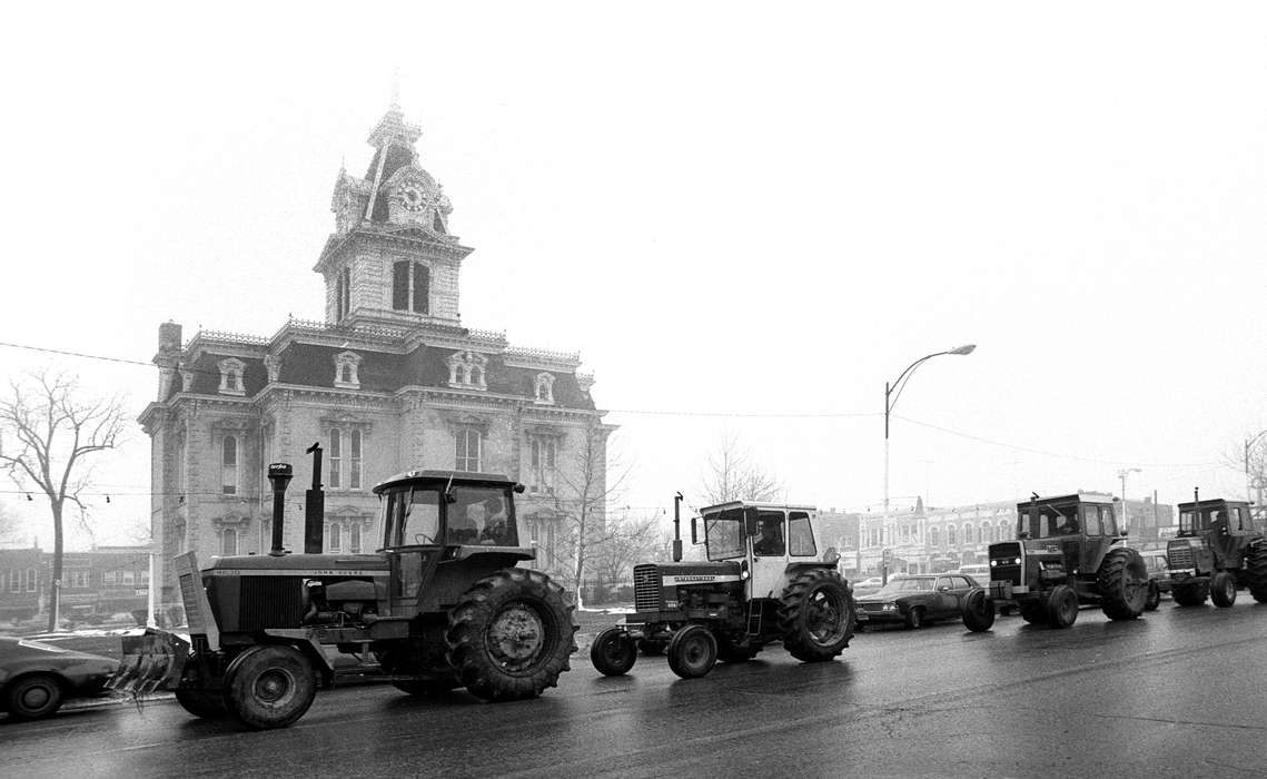 Civic Engagement, strike, massey ferguson, Main Streets & Town Squares, Iowa, Cities and Towns, courthouse, protest, Businesses and Factories, international harvester, store, john deere, Bloomfield, IA, street light, Lemberger, LeAnn, history of Iowa, Motorized Vehicles, car, Prisons and Criminal Justice, Iowa History, Farming Equipment, tractor