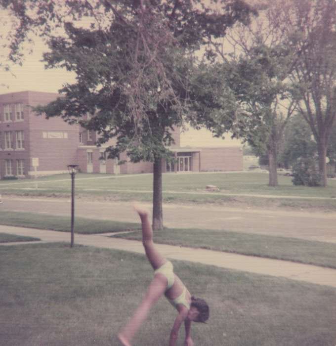 Outdoor Recreation, exercise, Iowa, Barrett, Sarah, child, Waterloo, IA, Schools and Education, Children, swimsuit, african american, cartwheel, People of Color, gymnastics, school, girl, history of Iowa, elementary school, Iowa History