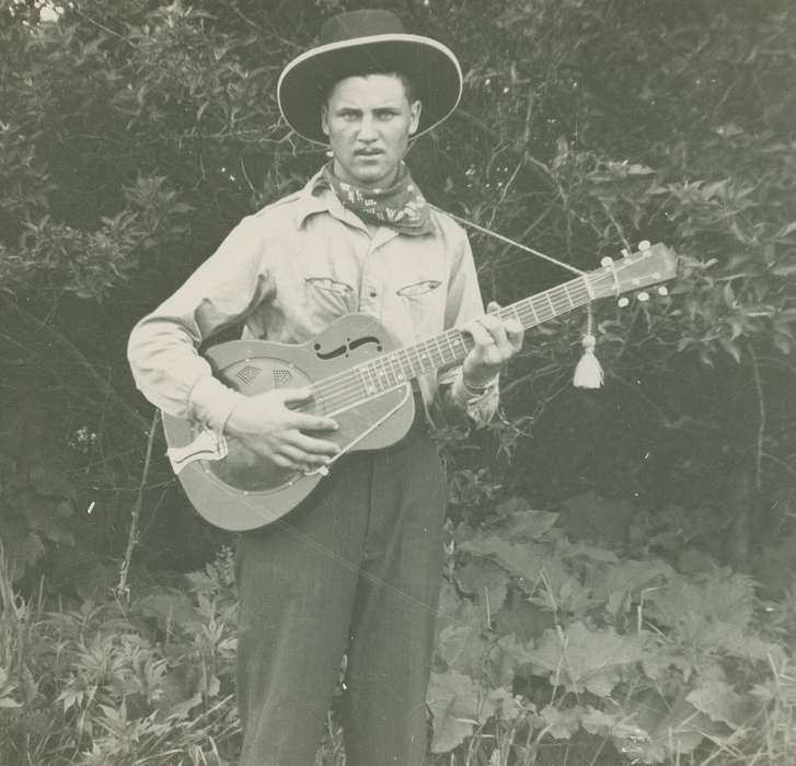 history of Iowa, Iowa History, Entertainment, Fort Atkinson, IA, Vsetecka, Delores, cowboy hat, instrument, Iowa, guitar, scarf, Leisure