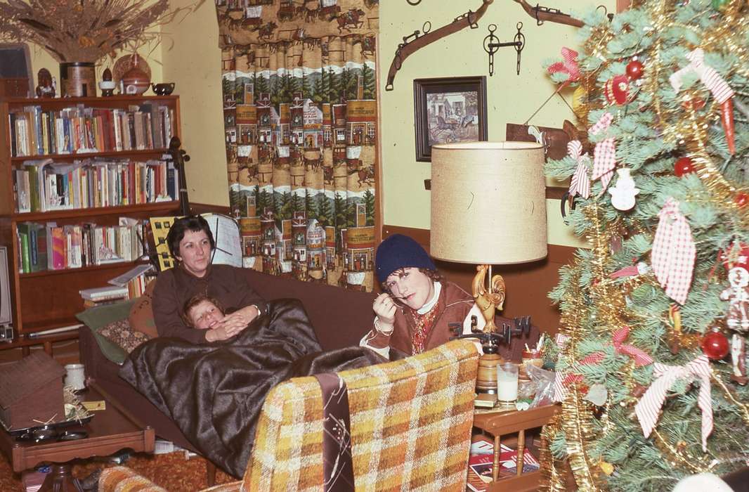 christmas, history of Iowa, Iowa History, IA, Families, christmas tree, Holidays, couch, Iowa, Zischke, Ward, book shelf, Homes, Children