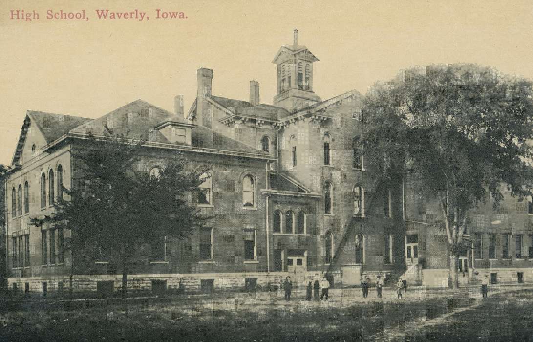 trees, correct date needed, brick building, high school, Iowa, ball, fire escape, Schools and Education, Leisure, Children, Meyer, Sarah, Cities and Towns, history of Iowa, Waverly, IA, lawn, Iowa History