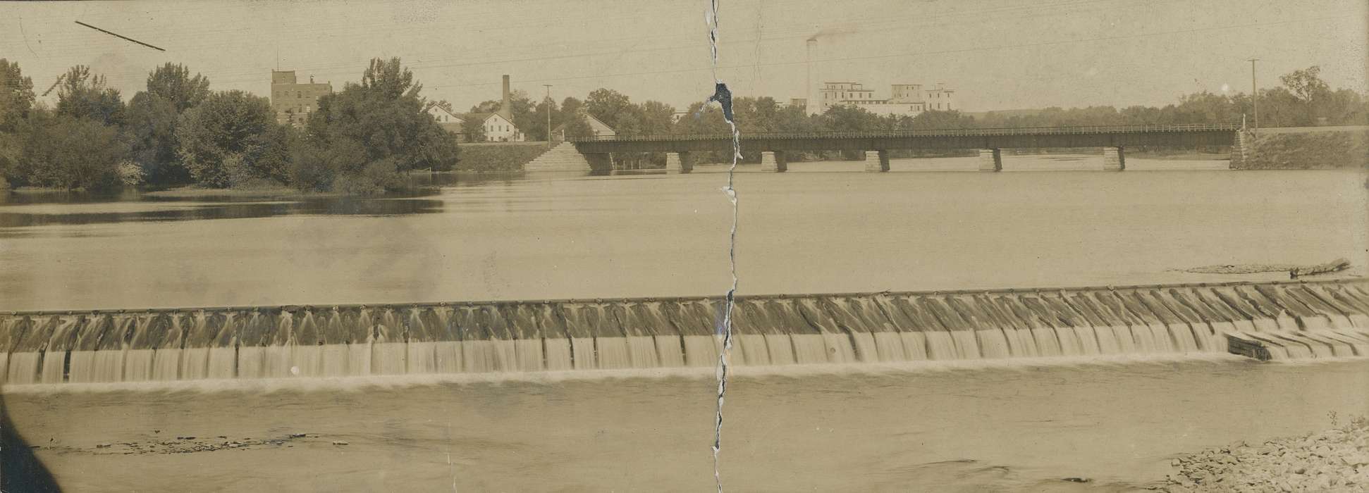 landscape, bridge, Iowa History, history of Iowa, Businesses and Factories, buildings, Lakes, Rivers, and Streams, trees, Waverly, IA, cedar river, river, smokestack, Iowa, Landscapes, correct date needed, Waverly Public Library, dam