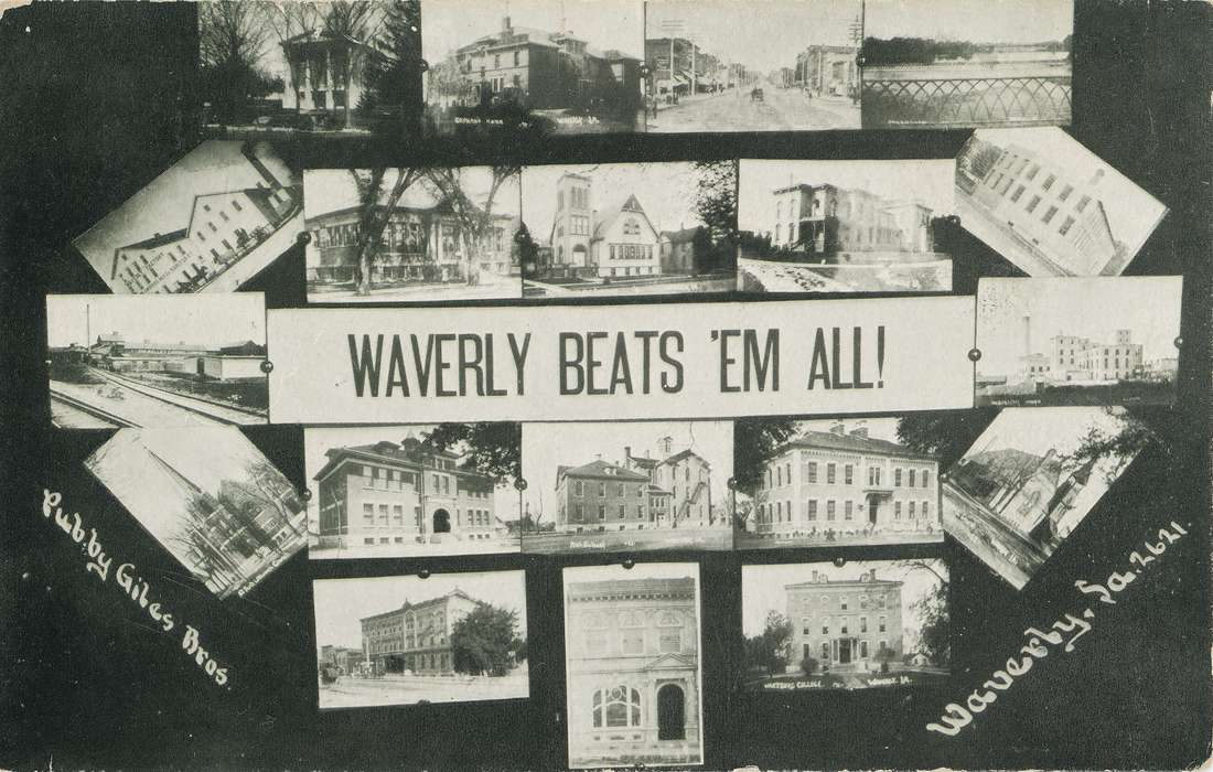 historic building, history of Iowa, Iowa History, Waverly, IA, postcard, collage, Cities and Towns, Iowa, Waverly Public Library