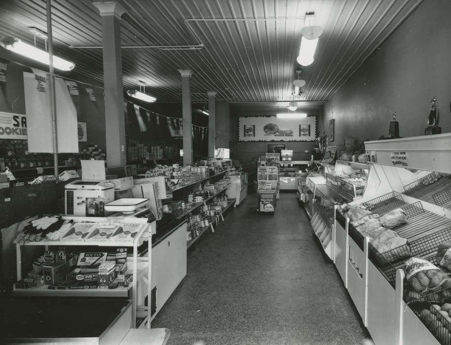 counter, Waverly Public Library, history of Iowa, Businesses and Factories, crackers, scale, candy, display, Food and Meals, grocery store, gloves, potato, bread, cigarette, Iowa History, display case, Iowa, cigar, tobacco