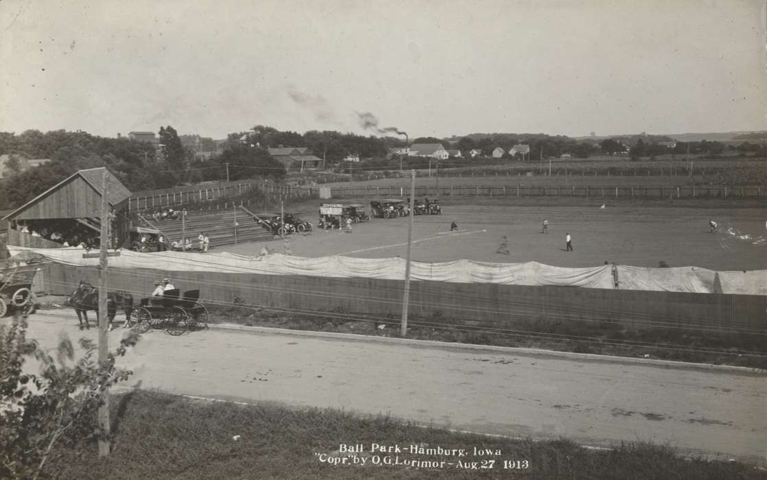 history of Iowa, Iowa History, Cities and Towns, diamond, Library of Congress, stands, Iowa, Outdoor Recreation, baseball, Sports, softball, horse, carriage