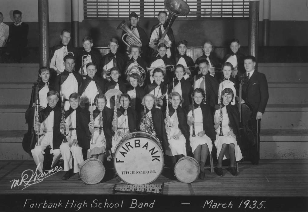 Portraits - Group, history of Iowa, band, IA, Iowa History, dress clothes, bass drum, Iowa, tuba, King, Tom and Kay, Schools and Education