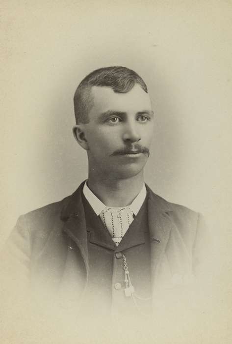 vest, history of Iowa, Iowa History, watch chain, man, cabinet photo, Iowa, Olsson, Ann and Jons, mustache, State Center, IA, Portraits - Individual