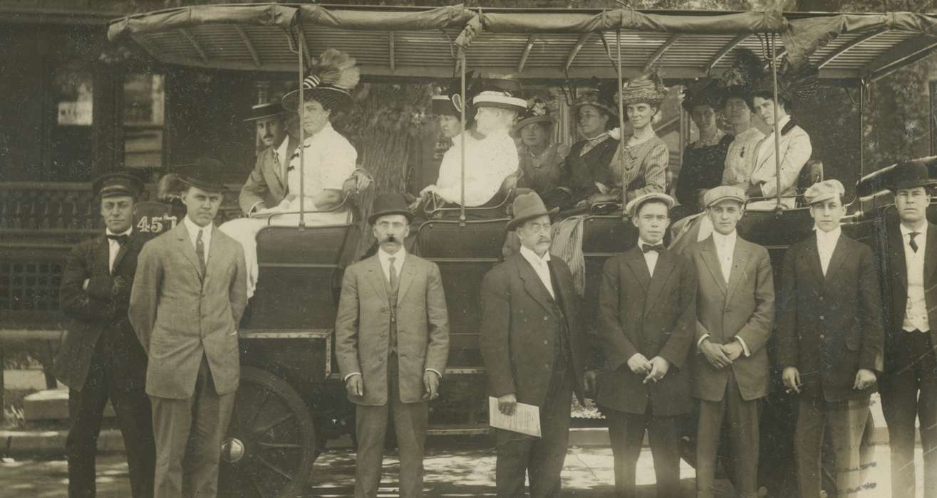 Motorized Vehicles, Iowa History, McMurray, Doug, mustache, Iowa, history of Iowa, feather, trolley, Portraits - Group, driver, Denver, CO, Travel, hat