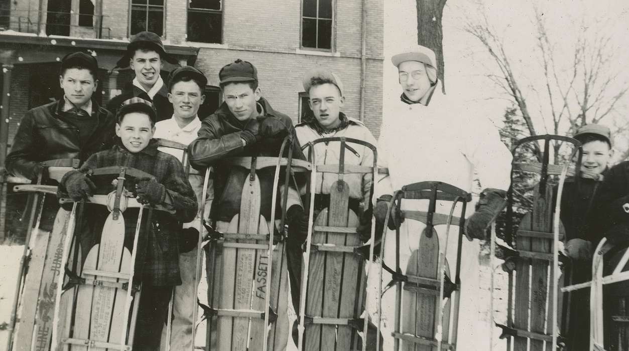 Portraits - Group, Iowa History, Iowa, McMurray, Doug, history of Iowa, sled, Webster City, IA, Children, boy scouts, Winter