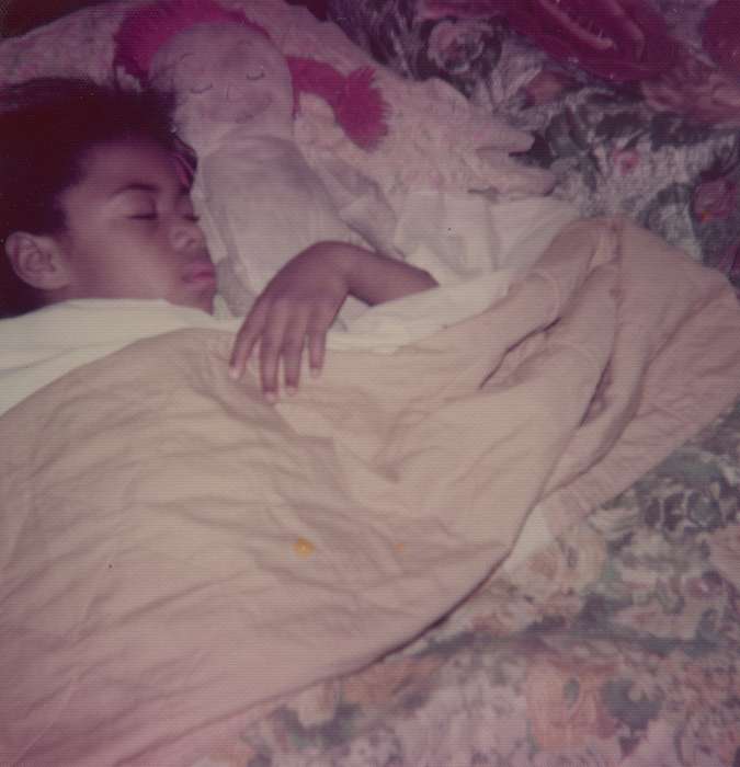 bedroom, Iowa, bed, girl, Waterloo, IA, Barrett, Sarah, Leisure, Children, african american, Homes, People of Color, history of Iowa, sleeping, doll, Iowa History