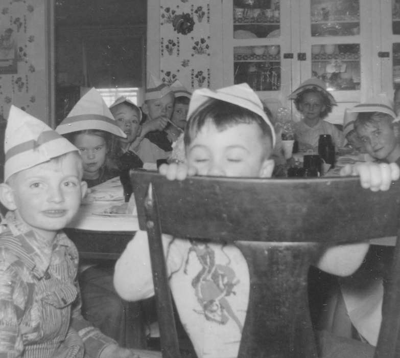 Portraits - Group, history of Iowa, Iowa History, birthday, Hahn, Cindy, Sumner, IA, chair, Holidays, Iowa, party, Homes, Food and Meals, Children, party hats