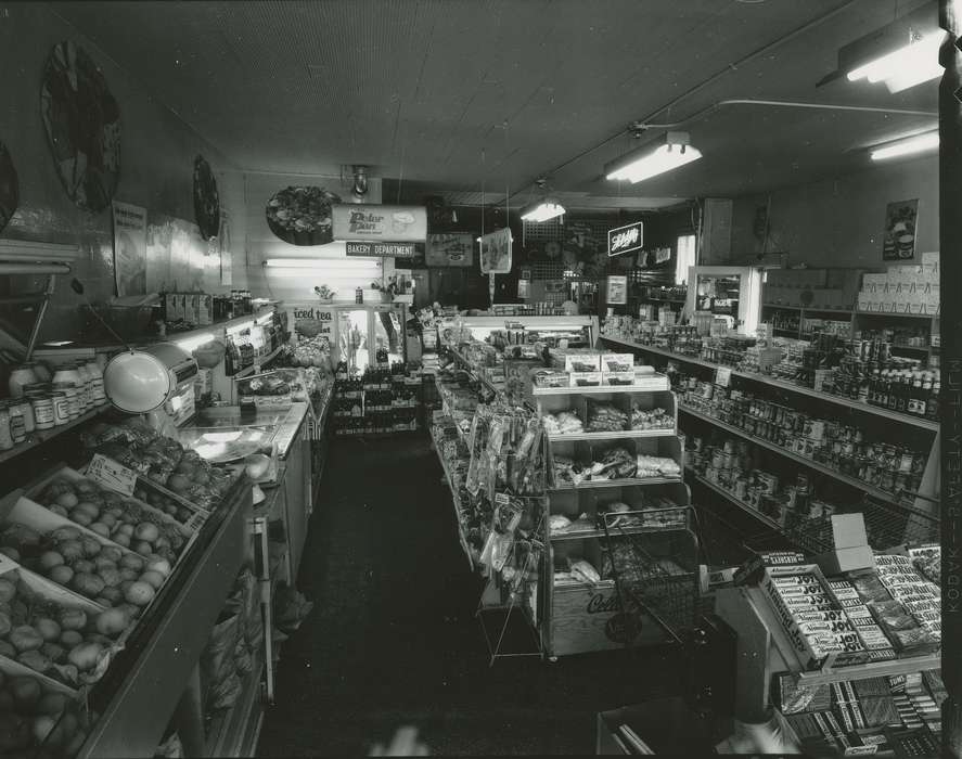 calendar, plants, history of Iowa, produce, Businesses and Factories, grocery store, Waverly Public Library, Iowa, Food and Meals, 7up, candy, glove, bread, Iowa History, pepsi, shopping cart, scale, bottle