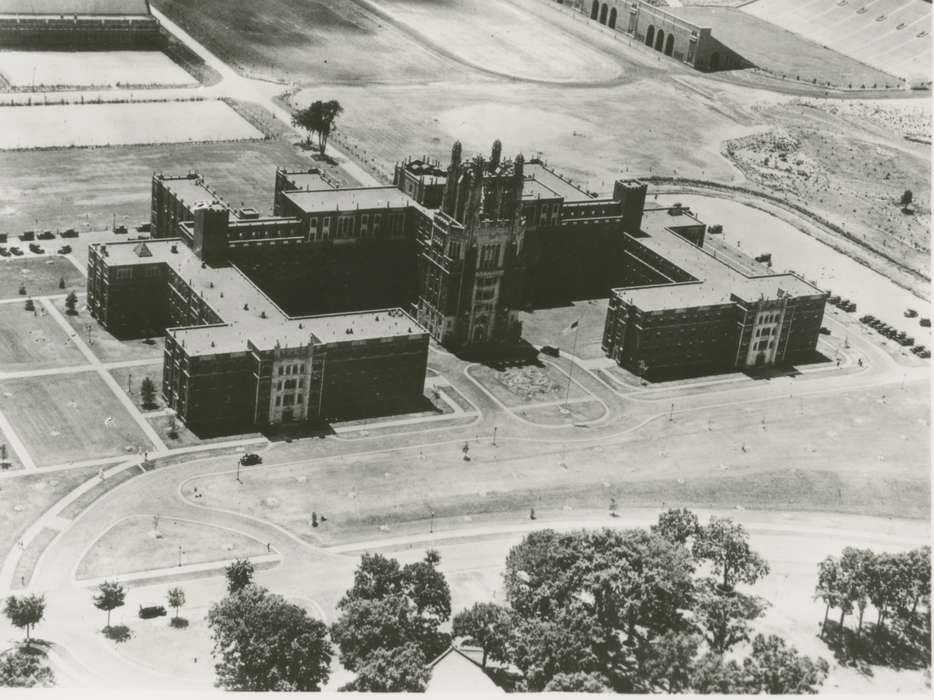 Hospitals, Aerial Shots, history of Iowa, university of iowa, Iowa City, IA, Iowa, Seashore Hall, gothic, gothic tower, Iowa History