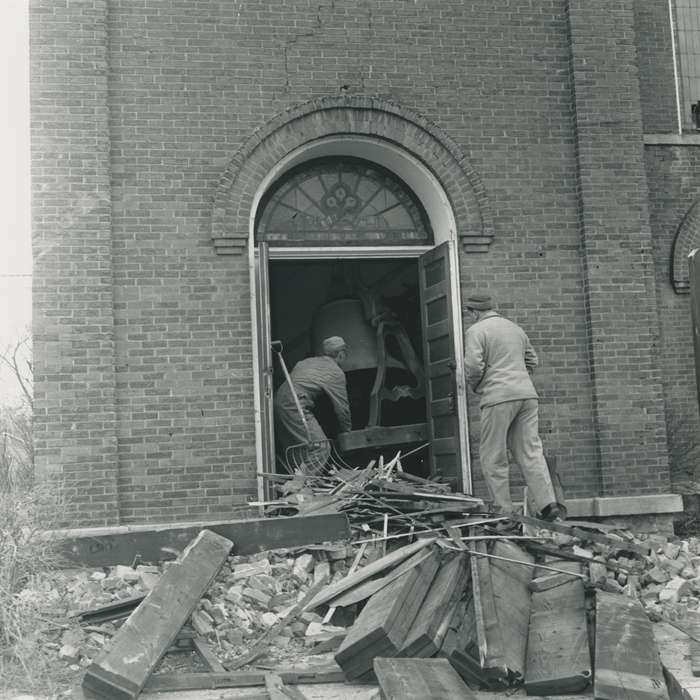 Waverly, IA, bell, Religious Structures, methodist church, ensilage fork, history of Iowa, Wrecks, debris, church, brick building, Main Streets & Town Squares, Iowa, Waverly Public Library, Iowa History