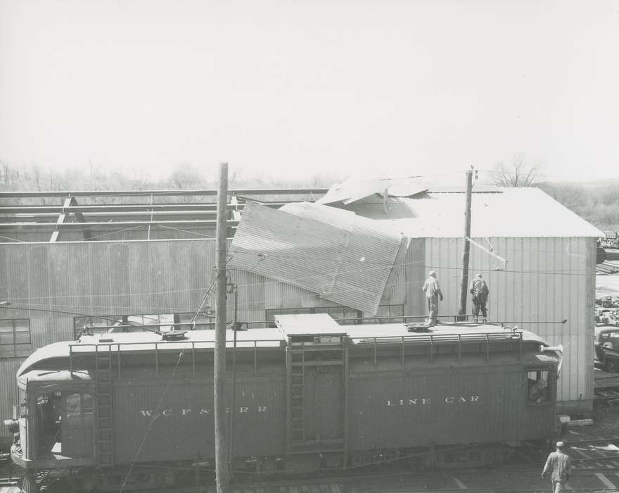 history of Iowa, Businesses and Factories, storm damage, Waverly Public Library, roofing, Iowa, train car, Iowa History, Labor and Occupations