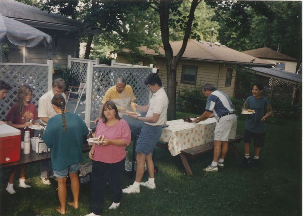 gathering, history of Iowa, Iowa History, Families, shorts, picnic, Glenwood, IA, mustard,, hot dog, Iowa, family, Henderson, Dan, deck, Food and Meals, Children, backyard