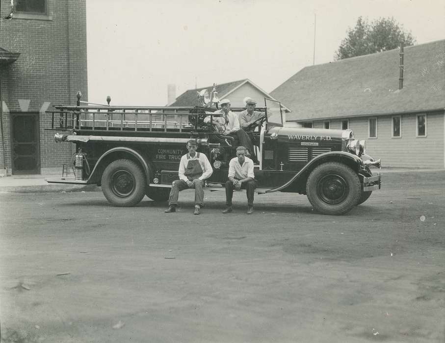 Waverly, IA, fire truck, history of Iowa, Motorized Vehicles, brick building, fireman, Iowa, correct date needed, Waverly Public Library, Labor and Occupations, firemen, Iowa History, Portraits - Group