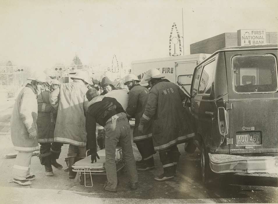 fire department, history of Iowa, Iowa History, Wrecks, Motorized Vehicles, hard hat, boots, Waverly, IA, van, fire truck, ambulance, Iowa, Waverly Public Library, Labor and Occupations