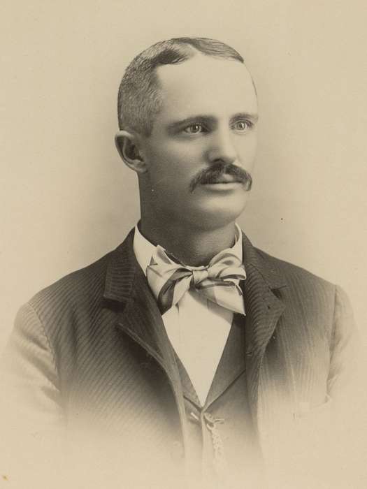 vest, bow tie, history of Iowa, Iowa History, watch chain, man, cabinet photo, Iowa, Olsson, Ann and Jons, mustache, State Center, IA, Portraits - Individual