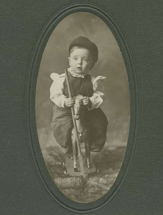 history of Iowa, Iowa History, IA, toddler, toy, cabinet photo, Iowa, boy, Olsson, Ann and Jons, horse, hat, Portraits - Individual