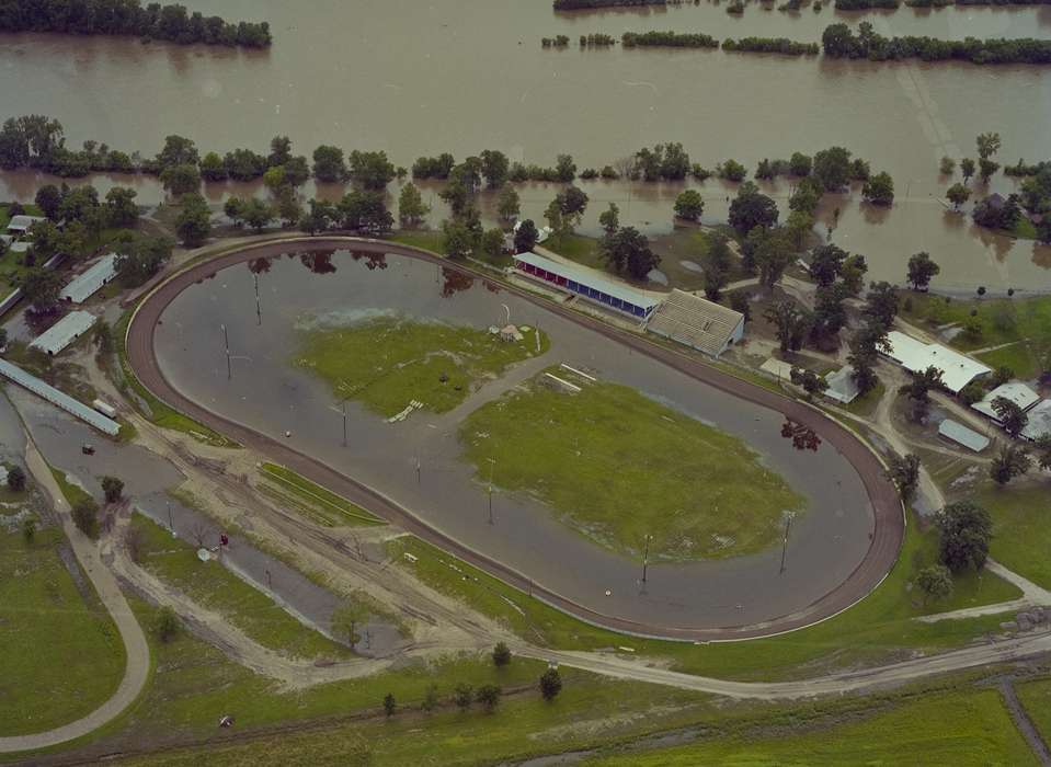 Floods, bleachers, Iowa History, history of Iowa, Lemberger, LeAnn, racetrack, Eldon, IA, Aerial Shots, Iowa, Cities and Towns