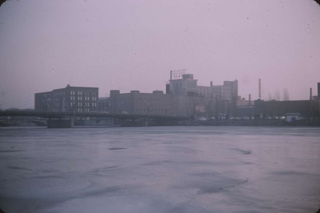 frozen, bridge, history of Iowa, Sack, Renata, Iowa History, Winter, downtown, Lakes, Rivers, and Streams, cedar river, Iowa, Cities and Towns, Waterloo, IA, waterloo savings bank, ice