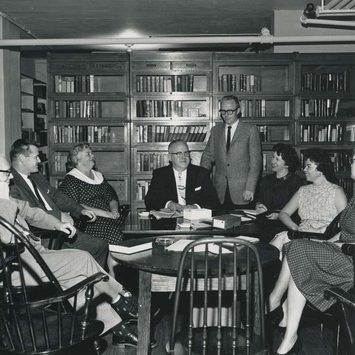 history of Iowa, book shelf, Portraits - Group, Waverly Public Library, Waverly, IA, wooden chair, Iowa, suit, ashtray, desk, book, group, Iowa History, glasses, table, correct date needed, symphony board