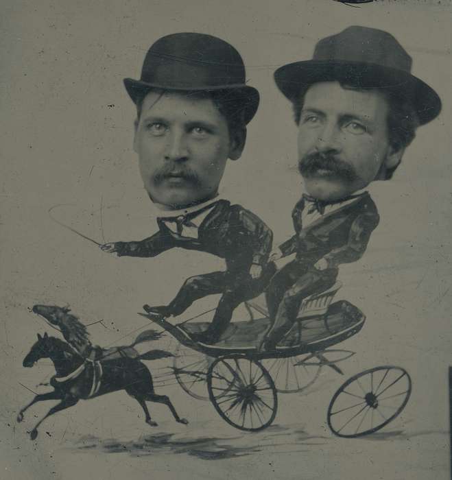men, tin photograph, Iowa History, history of Iowa, Entertainment, horse and buggy, Waverly, IA, Iowa, correct date needed, silly, Waverly Public Library, horses