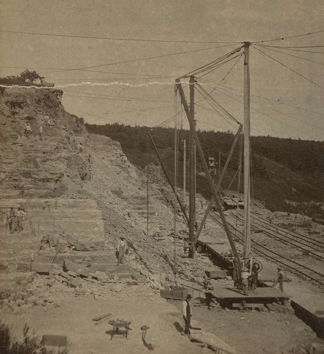 stone, Iowa, construction, Businesses and Factories, Iowa History, railroad, anamosa state penitentiary, Labor and Occupations, Anamosa, IA, Hatcher, Cecilia, history of Iowa, construction materials, wooden supports, worker